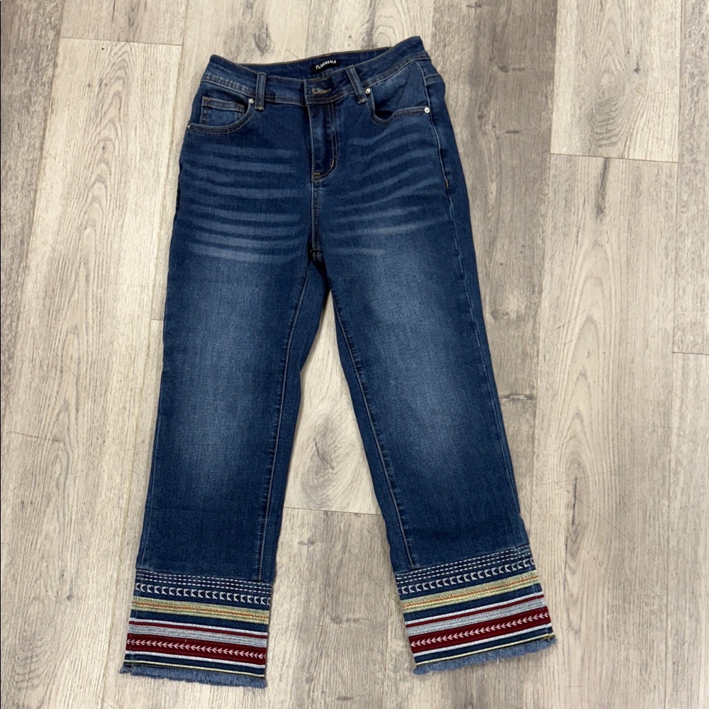Chic Blue Straight Leg Embroidered Detail. Calf length. Stretchy material.